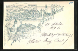 Lithographie Mosbach, Bahnhofstrasse, Rathaus, Stadtkirche  - Mosbach