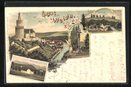 Lithographie Weida, Hohes Haus, Aumühle, Kriegerdenkmal, Schloss Osterburg  - Weida