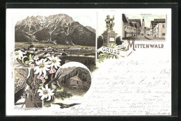 Lithographie Mittenwald, Karwendelhütte, Oberer Markt, Klotz Denkmal  - Mittenwald