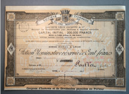 Une (1) Action Réservée Nominative De Cent Francs "Société Lyonnaise Des Eaux Minérales" Docteur Léon Jacquets Et Cie - Water