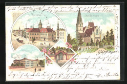 Lithographie Göppingen, Rathaus, Sauerbrunnen, Oberhofen-Kirche  - Goeppingen