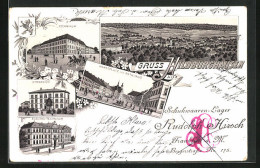 Lithographie Hildburghausen, Technikum, Gymnasium, Marktplatz Mit Rathaus  - Hildburghausen