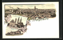 Lithographie Oschatz, Kaserne, Kirche Und Rathaus, Totalansicht  - Oschatz