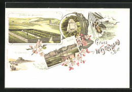 Lithographie Westerland /Sylt, Friedhof Der Heimatlosen, Denkstein, Das Dorf  - Sylt