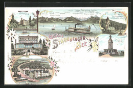 Lithographie Starnberg, Schloss Berg, Bismarck Thurm, Hotel Rottmannshöhe  - Starnberg