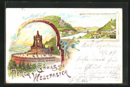 Lithographie Porta Westfalica, Provinzial-Denkmal Kaiser Wilhelm Des Grossen, Ortsansicht Mit Brücke  - Porta Westfalica