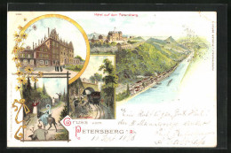 Lithographie Petersberg / Rhein, Zentralbahn, Hotel, Flusspartie  - Petersberg