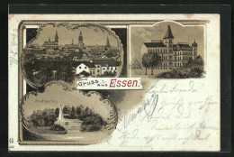 Mondschein-Lithographie Essen, Teilansicht, Alfredusbad, Stadtgarten  - Essen