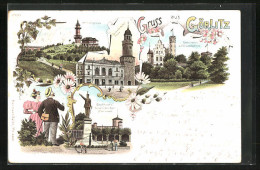 Lithographie Görlitz, Restaurant Auf Der Landeskrone, Weinberghaus, Blockhaus U. Prinz Friedr. Karl-Monument  - Görlitz