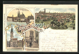 Lithographie Görlitz, Neisse Brücke Und Peterskirche, Rathaus Am Untermarkt  - Goerlitz