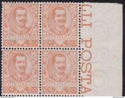 1901 REGNO D'ITALIA - N° 72 Floreale 20 Cent. Arancio MNH/** OTTIMA CENTRATURA Certificato Diena (fotocopia) - Otros & Sin Clasificación