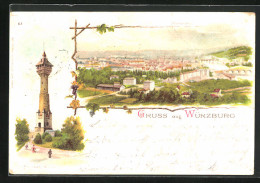 Lithographie Würzburg, Franken Warte, Panorama Der Stadt  - Wuerzburg