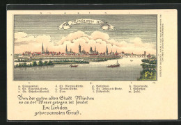 Lithographie Minden, Teilansicht Mit Simeonstor, St. Simeons-Kirche Und Dom  - Minden