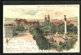 Lithographie Stuttgart, Schlossplatz & Altes Schloss Mit Denkmal  - Stuttgart