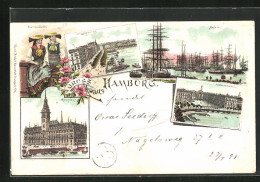 Lithographie Hamburg, Hafen, Jungfernstieg, Rathaus  - Andere & Zonder Classificatie