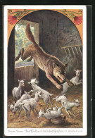 Künstler-AK Oskar Herrfurth: Der Wolf Und Die Sieben Geisslein, Der Wolf Kommt Herein  - Fairy Tales, Popular Stories & Legends
