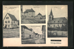 AK Königstädten, Neue Schule, Rüsselsheimerstrasse, Kirche  - Rüsselsheim