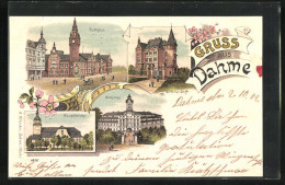 Lithographie Dahme, Victoria-Stift, Schloss, Rathaus  - Dahme