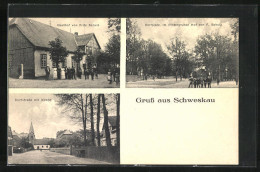 AK Schweskau, Gasthof Von Fritz Schulz, Dorfstrasse Mit Kirche, Dorfplatz  - Andere & Zonder Classificatie