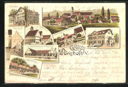 Vorläufer-Lithographie Wörishofen, 1893, Kurhaus, Bei Der Ankunft Am Gasthof Rössle, Pfarrkirche  - Bad Wörishofen