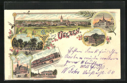 Lithographie Uelzen, Gasthaus Fischerhof, Bahnhof, Höhere Töchterschule  - Other & Unclassified