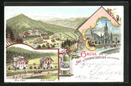 Lithographie Bad Johannisbrunn, Villa Rosa Und Elisabeth, Kirche In Meltsch, Panorama  - Tsjechië