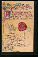 Präge-Lithographie Wachssiegel Mit Goldenem Schlüssel, Glückwunschkarte  - Autres & Non Classés