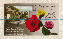 R025831 Greetings. May You Have A Happy Birthday. Houses. Roses And Poem. RP - World