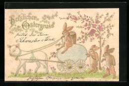 Präge-AK Osterhase Mit Osterkorb Und Lämmergespann, Ostergruss  - Ostern