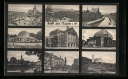 AK Hagen I. W., Am Bismarckturm, Der Bahnhof, Parkhaus, An Der Volme, Crematorium  - Hagen