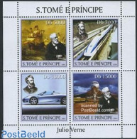 Sao Tome/Principe 2004 Jules Verne 4v M/s, Mint NH, Transport - Automobiles - Concorde - Aircraft & Aviation - Railway.. - Autos