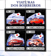 Sao Tome/Principe 2006 Fire Engines, Red Cross 4v M/s, Silver, Mint NH, Health - Transport - Red Cross - Fire Fighters.. - Cruz Roja