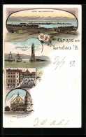 Lithographie Lindau I. B., Altes Rathaus, Reichsplatz, Hafen, Gesamtansicht  - Lindau A. Bodensee