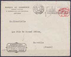 Env. "Banque De Commerce - Exposition Internationale Coloniale, Maritime Et D'Art Flamand - Anvers 1930" Affr. 1f75 Timb - Storia Postale