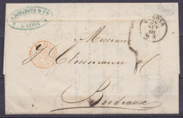 L. Datée 26 Septembre 1860 De GÊNES Càd GENOVA /26 SET 60 Pour BORDEAUX - Càd Entrée Rouge Bureau Ambulant "SARDAIGNE-CU - 1849-1876: Periodo Classico