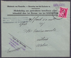 Env. "Ministerie Van Financiën - Kadaster …" Affr N°528 Càd BRUGGE /20 I 1942 Pour Notaire à WATOU - Contre Remboursemen - 1936-1957 Collar Abierto