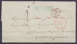 L. Càd MONS /15 JUIN 1848 Pour MEURSAULT Près Beaune - Càd "BELG.3 VALnes" & Rare Griffe [R.FRONT] (Rayon Frontière) - P - 1830-1849 (Unabhängiges Belgien)