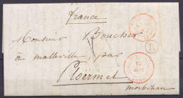 L. De Lombise Càd LENS /12 SEPT. 1850 Pour PLOËRMEL Morbihan - Boîte Rurale "R" - Port "4" Au Tampon (au Dos: Càd PLOERM - 1849-1850 Medaillen (3/5)