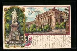 Lithographie Berlin-Charlottenburg, Lessing-Denkmal, Technische Hochschule  - Charlottenburg