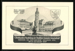 AK Gera, 1. Briefmarken-Ausstellung Der Deutschen Sammler-Gemeinschaft 1937, Marktplatz Mit Rathaus, Ganzsache  - Briefmarken (Abbildungen)