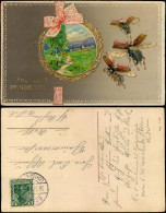 Glückwunsch: Pfingsten Fliegende Maikäfer Medaillon 1912 Goldrand/Prägekarte - Pfingsten