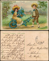 Geburtstag Birthday Junge Mädchen Blumenkarre 1914 Goldrand/Prägekarte - Compleanni