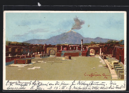 Künstler-Lithographie Pompeii, Panorama Del Foro, Vesuv Und Forum  - Other & Unclassified