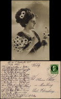 Frau Mit Blumen Haarschmuck Auf Namenstag Glückwünsch-Karte 1915 - People