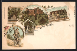 Lithographie Celle, Rathaus, Schloss, Krieger-Denkmal  - Celle