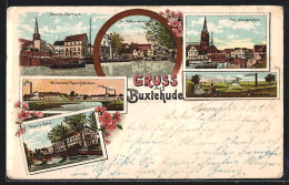 Lithographie Buxtehude, Gasthof Mencks Fährhaus, Pepers Hotel, Wintersche Papierfabriken  - Buxtehude