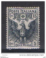 REGNO:  1915/16  CROCE  ROSSA  -  15 C./5 C. GRIGIO  T.L. -  SASS. 103 - Nuovi