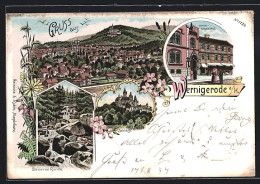 Lithographie Wernigerode, Hotel Wiener Hof, Schloss, Steinerne Renne  - Wernigerode