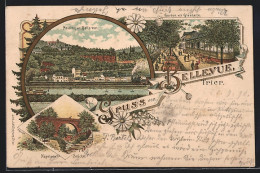 Lithographie Trier, Gastwirtschaft Bellevue, Garten M. Glashalle, Napoleon`s Brücke  - Trier