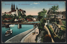 AK Meissen, Strassenbahn, Kgl. Albrechtsburg, Jägerschlösschen, Dampfer  - Strassenbahnen